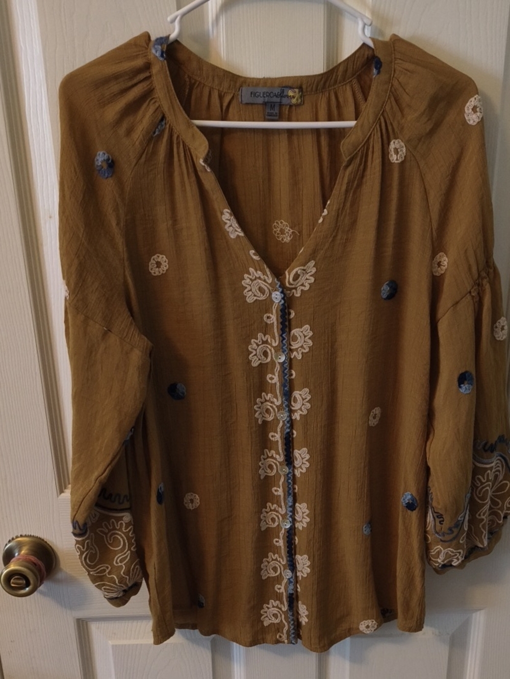 FIGLEAVES Mustard Embroidered Peasant Tunic Top